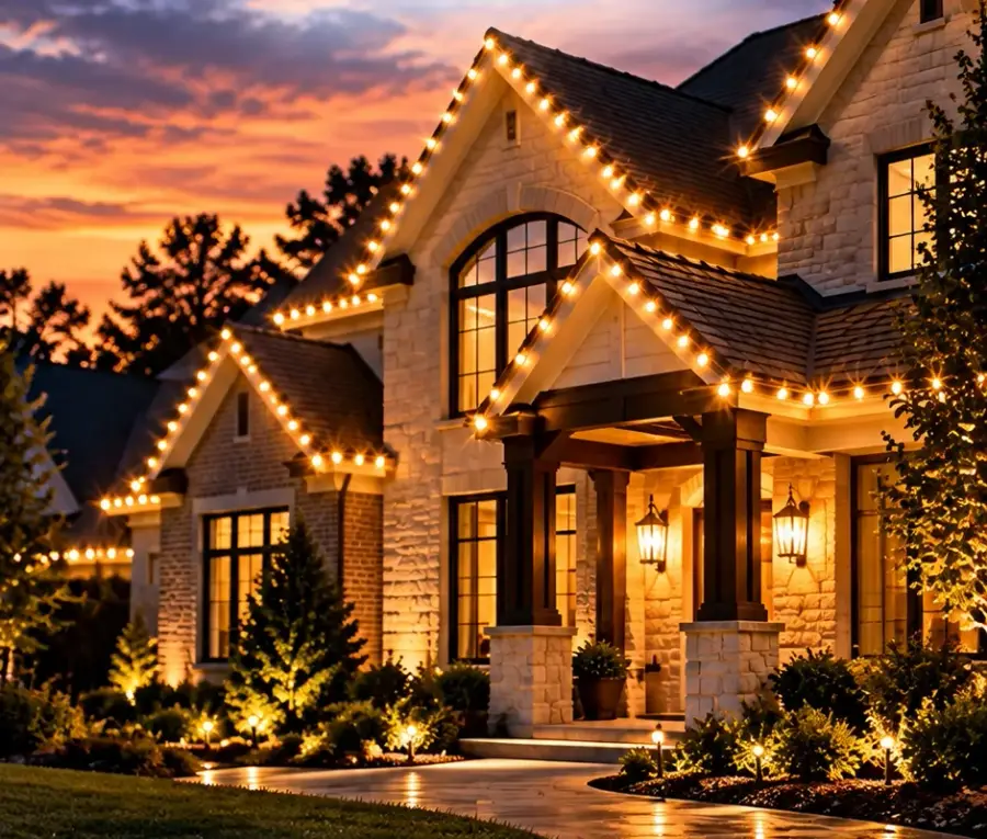 Two-story stone home outlined in warm white Christmas lights at dusk
