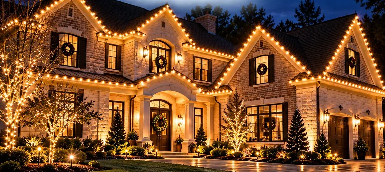 Large estate home with Christmas lights, wreaths on every window and wrapped trees