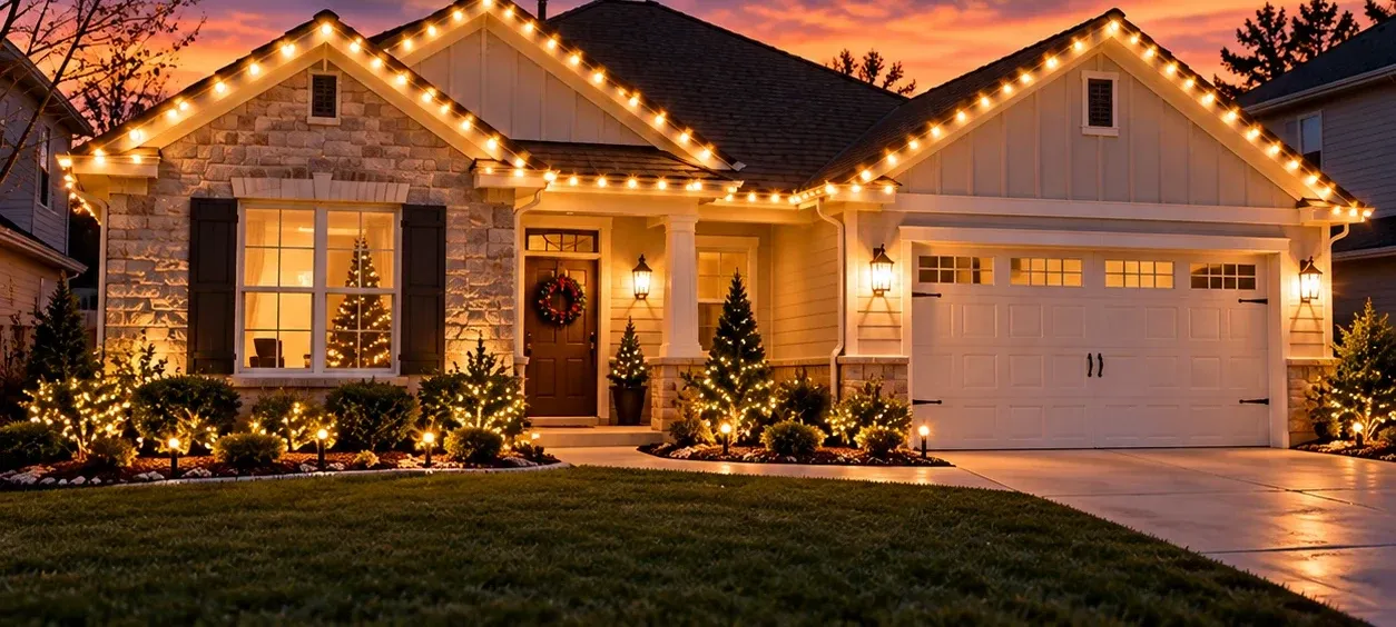 Single-story brick ranch home with Christmas lights on the roofline and garage