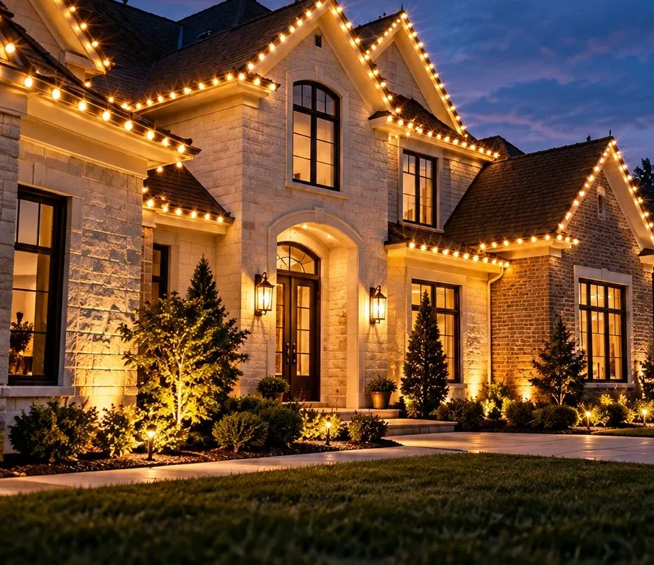 Stone manor with Christmas lights on every peak and walkway lights