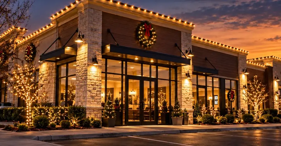 Retail storefront plaza with Christmas lights on the roofline, lit wreaths and wrapped trees