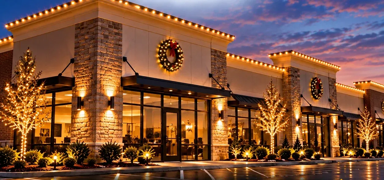 Commercial storefront with roofline Christmas lights, wreaths and wrapped trees