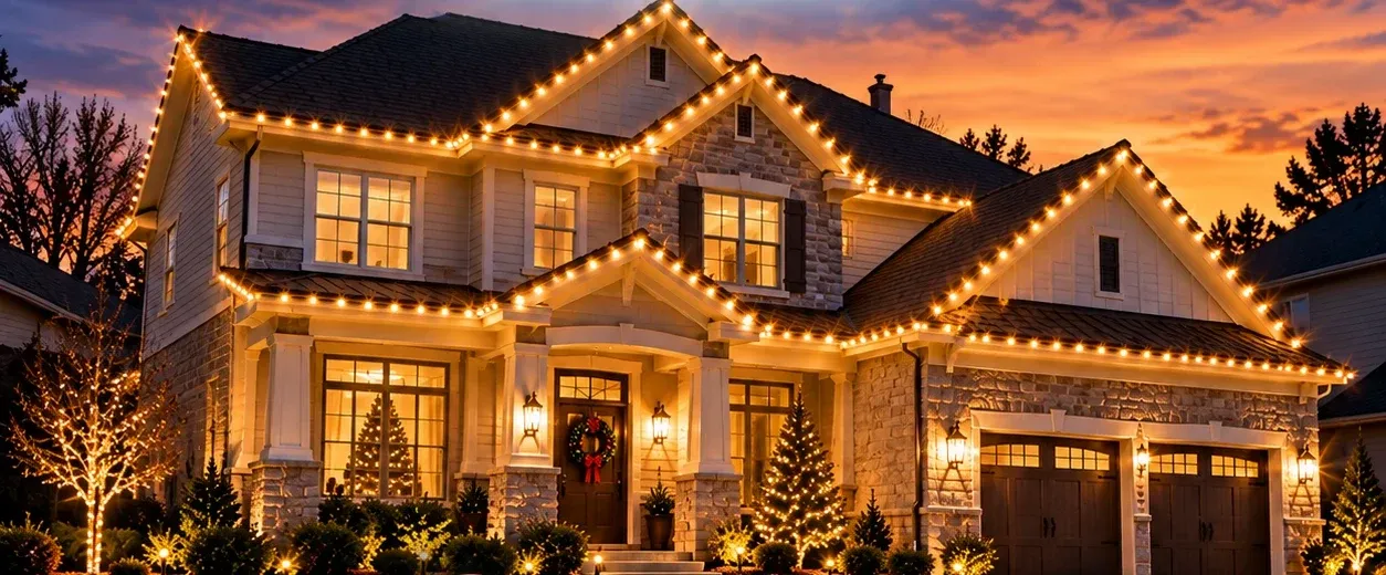 Two-story home with warm white roofline lights and lit trees at sunset